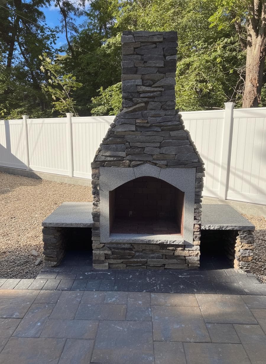 Backyard paver patio with a stone fireplace on the South Shore, MA
