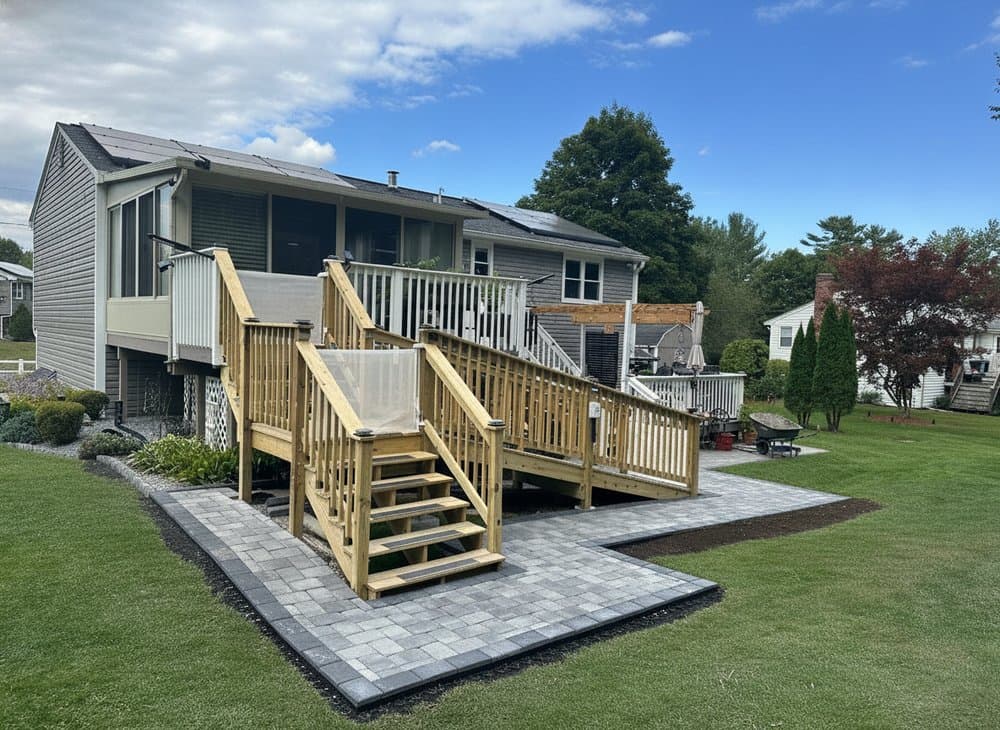 Composite deck, accessibility ramp, and paver patio built for a South Shore, MA home