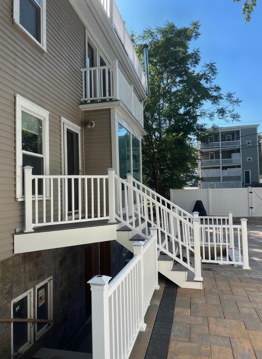 Custom wood deck with steps and railing on a South Shore, MA home