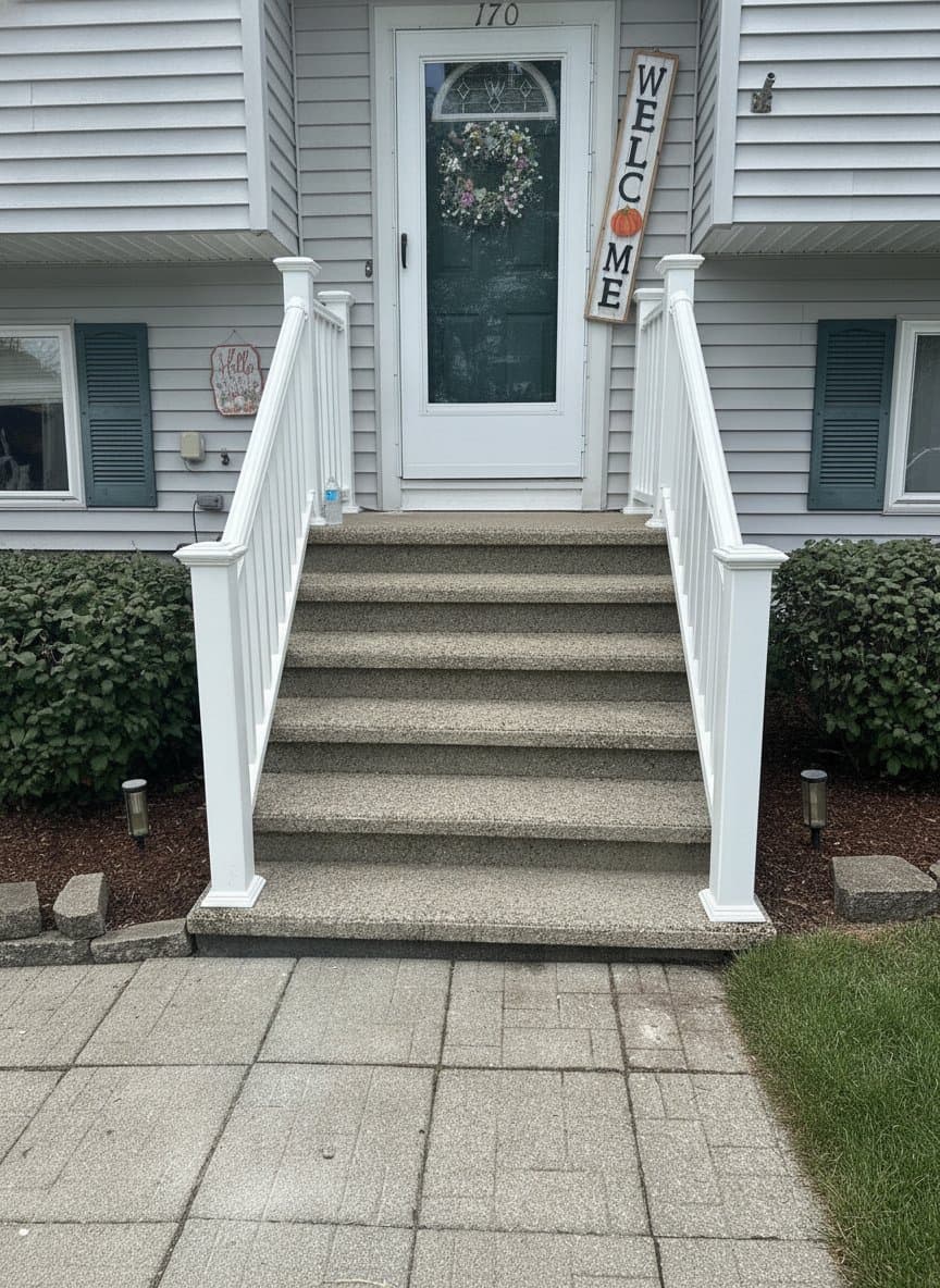 Front entry steps with white vinyl railing on a South Shore, MA home