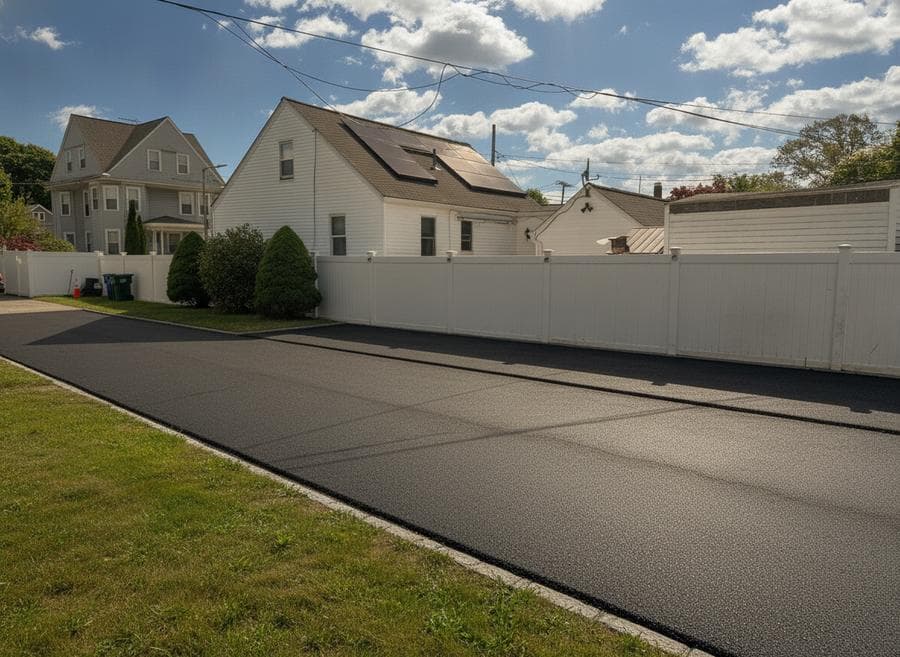 New driveway and white fence at a South Shore, MA home