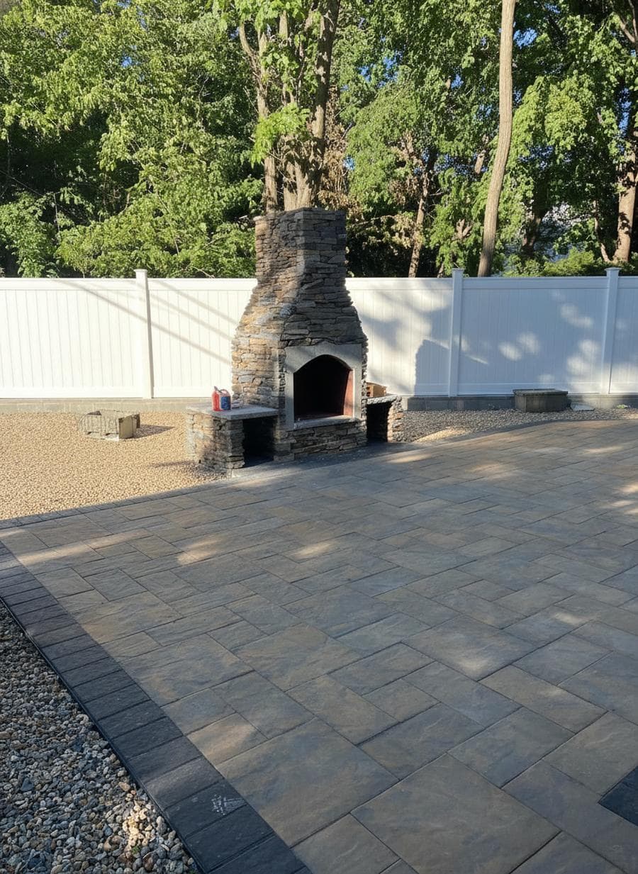 Outdoor stone fireplace and paver patio in Bridgewater, MA