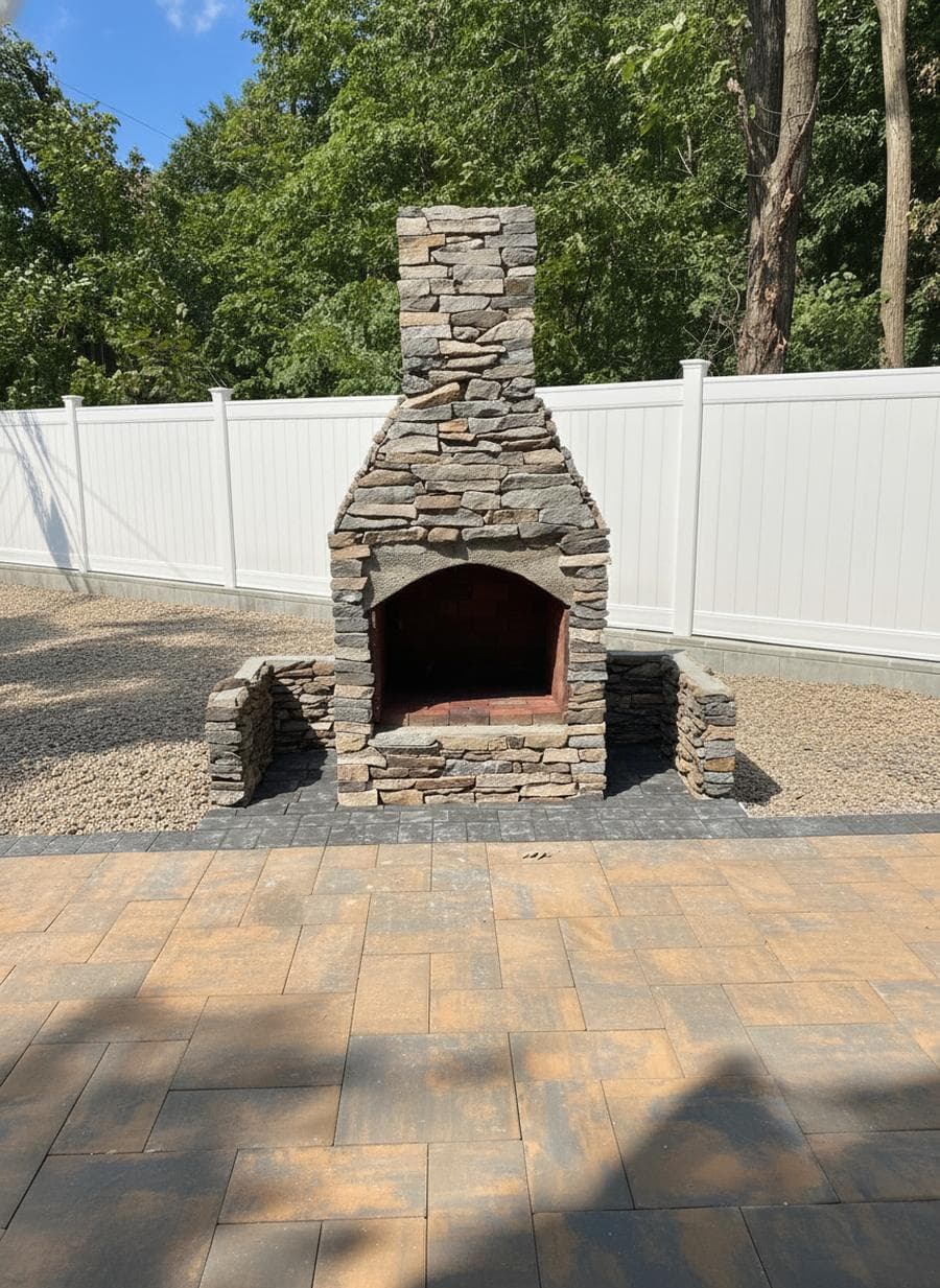 Stone patio with a fireplace and steps in a South Shore, MA backyard