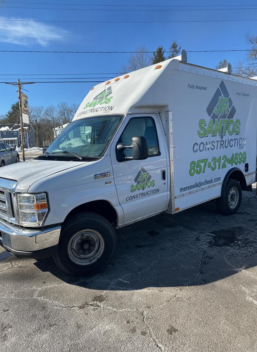 Jr Santos Construction Corp branded work truck in Bridgewater, MA